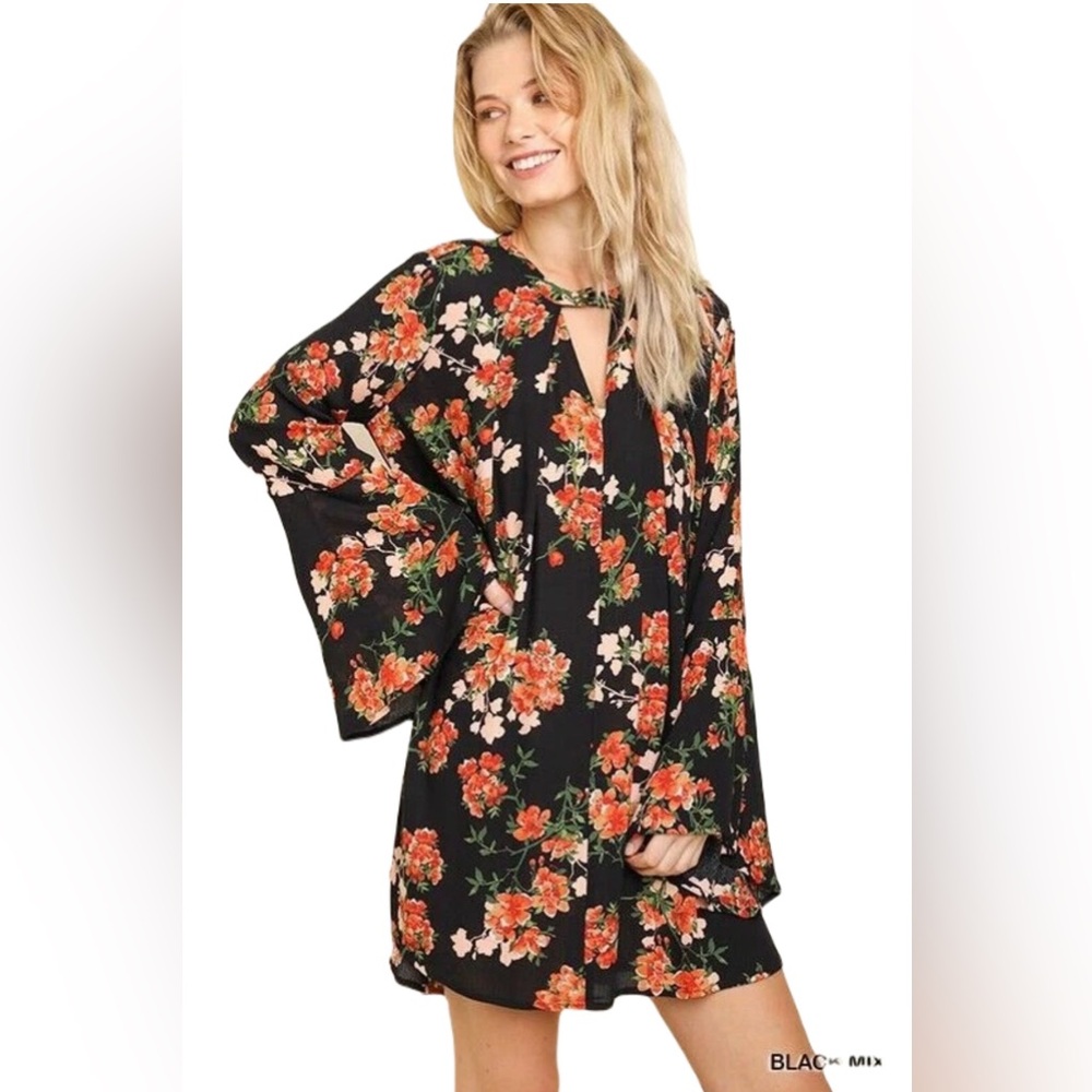 UMGEE BLACK Floral Button Close KEYHOLE‎ Swing Dress/Tunic BHCS Size M